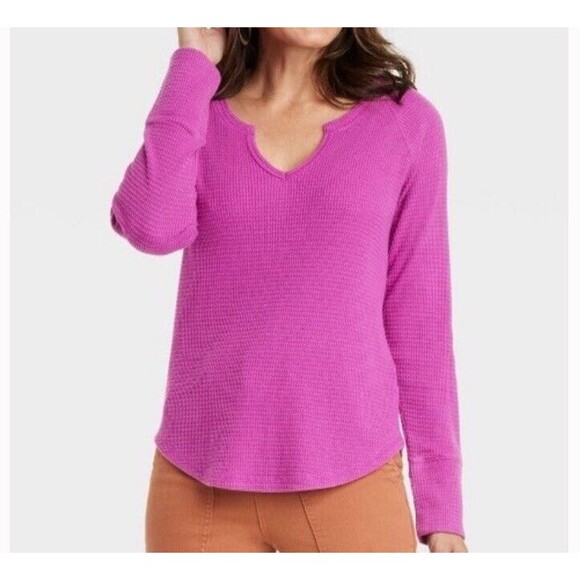 KNOX ROSE NWT Women’s Long Sleeve Notch Neck Thermal Top in Purple Size Medium - Picture 1 of 9
